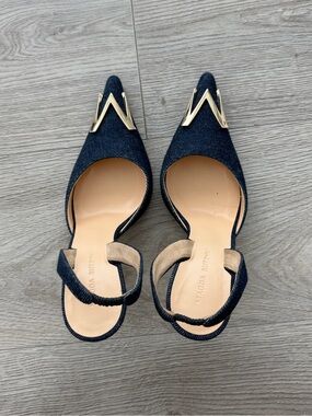 Magda Butrym Navy Denim Pointed Slingback Flats with Gold M Detail